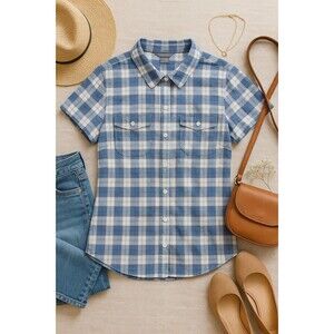 Eddie‎ Bauer Women’s M Plaid Short Sleeve Hiking Outdoor Shirt Quick Dry Blue